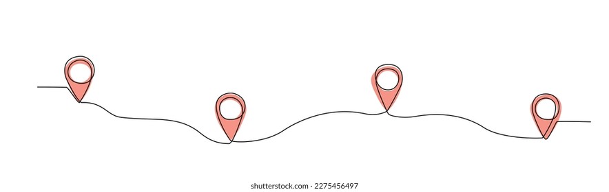 One line map point location symbols on route. GPS navigation line track mark. Location pointer continuous line hand drawing. Pins on way between points. Map pin line on white background. Vector