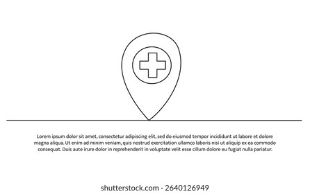 One line map pointer icon with cross hospital symbol position. Abstract minimal continuous line.