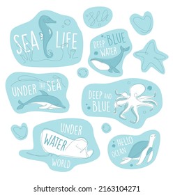 One line marine life sticker set. Underwater outline animals emblem. Line art ocean and sea life lettering collection. 