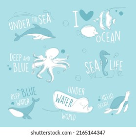 One line marine set. Underwater outline animals emblem. Line art ocean and sea life lettering collection. 