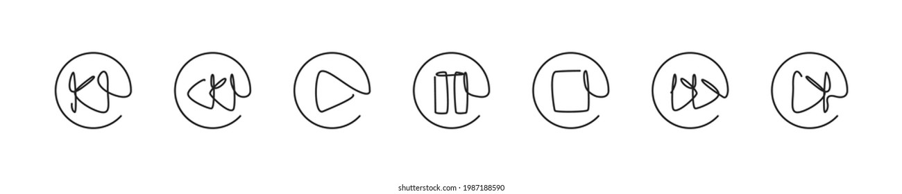 One line media button set, linear play pause stop and forward icon collection vector illustration.