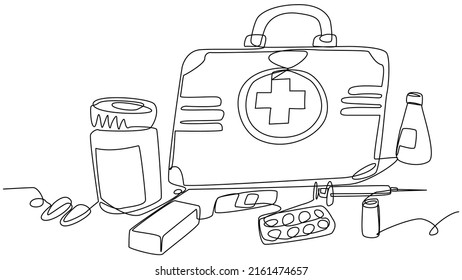 One line Medical set first aid kit isolated on white background. A suitcase with medicines, packages with pills, potions. Stock vector illustration of treatment.