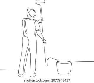 One line minimal concept. Vector illustration. Continuous outline drawing of roller brush painting worker painting on surface wall painting apartment renovating. 