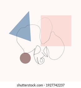 Una línea con formas mínimas, patrones, hojas tropicales y flor. Ilustración abstracta para el diseño de moda, portada moderna, afiche, plantilla de estilo plano mínimo
