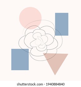 One line with minimal shapes, patterns, tropical leaves and flower. Abstract illustration for fashion design, modern cover, poster, template in minimal flat style