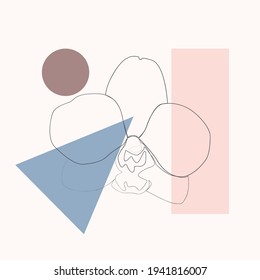 One line with minimal shapes, patterns, tropical leaves and flower. Abstract illustration for fashion design, modern cover, poster, template in minimal flat style