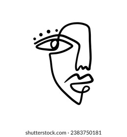 Una línea minimalista brocha gruesa cara abstracta. Ilustración vectorial. Arte contemporáneo moderno, dibujo continuo de moda. Retrato lineal artístico del cubismo. Logotipo o etiqueta de belleza mínima simple