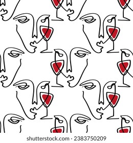 One line minimalistic brush grunge abstract face with wine glass seamless pattern. Vector illustration. Modern contemporary art, trendy continuous drawing. Cubism artistic linear portrait. Simple