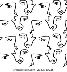 One line minimalistic brush grunge abstract face seamless pattern. Vector illustration. Modern contemporary art, trendy continuous drawing ornament. Cubism artistic linear portraits. Simple minimal