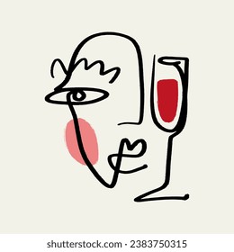 One line minimalistic brush grunge abstract face with wine glass. Vector illustration. Modern contemporary art, trendy continuous drawing. Cubism artistic linear portrait. Simple minimal beauty