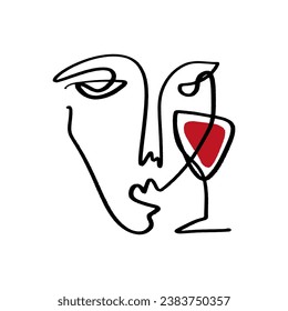 One line minimalistic brush grunge abstract face with wine glass. Vector illustration. Modern contemporary art, trendy continuous drawing. Cubism artistic linear portrait. Simple minimal beauty