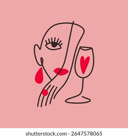 One line minimalistic wineglass creative positive vibe logo. Brush abstract face with glass of wine. Vector Pablo Picasso inspired illustration clipart. Modern contemporary art, trendy continuous