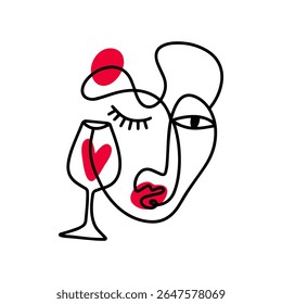 One line minimalistic wineglass creative positive vibe logo. Brush abstract face with glass of wine. Vector Pablo Picasso inspired illustration clipart. Modern contemporary art, trendy continuous