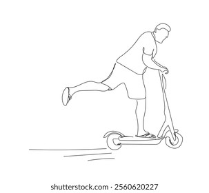  One line modern go green future transportation vector illustration. 
 Continuous single line sketch drawing of young man ride electric scooter for mobile activity. Hand made vector not AI 