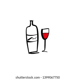 One line modern icon glass and bottle of wine set, hand drawn sketch vector EPS
