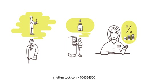 One line modern minimalistic illustration of accumulation, finance, banking. People reflect on their financial well-being. Banking consultant. Illustration for infographics, presentations, brochures.
