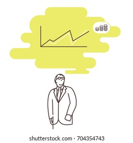 One line modern minimalistic illustration of accumulation, finance, banking. Illustration for infographics, presentations, brochures. A man thinking about business and finance.
