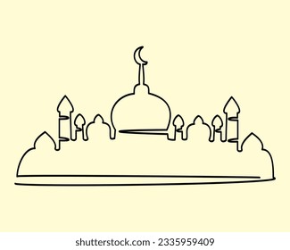 One line mosque logo. Continuous simple outline of a mosque image. Vector illustration of a mosque symbol of worship, prayer, migration of the prophet, hijri new year.