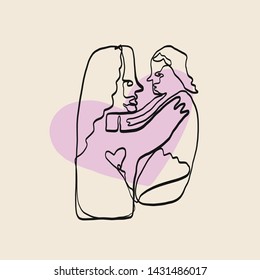One line mother and baby. Woman holding child. Person together. Family relationship. 