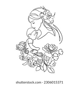 one line mother and child mother's day card hand drawn floral line art illustration vector