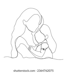 One line mother hug her baby outline vector art illustration 
