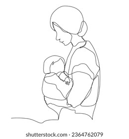 One line mother hug her baby outline vector art illustration 