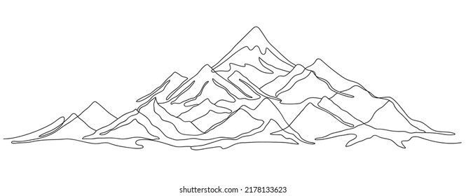 One Line Mountains Landscape. Panoramic Mountain Range With Snowy Peak Continuous Outline Vector Illustration. Snowy Rock Top, Tourist Exploration Trip, Expedition Minimalistic Art