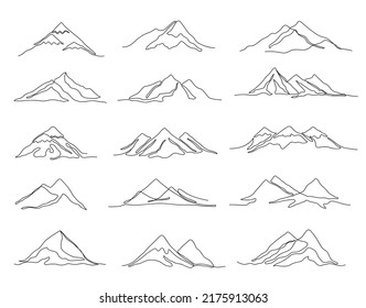 One line mountains. Linear mountain ranges and continuous outline peaks, travel landscape vector illustration set. Minimalistic single design for expedition, climbing or hiking logo