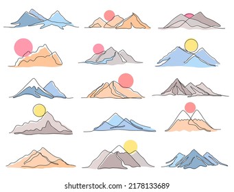 One line mountains range landscape. Sunset sun under mountain peak, minimal outline nature and abstract hill vector illustration set. Climbing and hiking trip, nature exploration isolated set