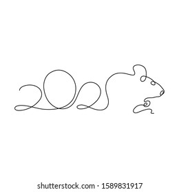 One line mouse 2020 design silhouette. Logo design. Hand drawn minimalism style vector illustration.