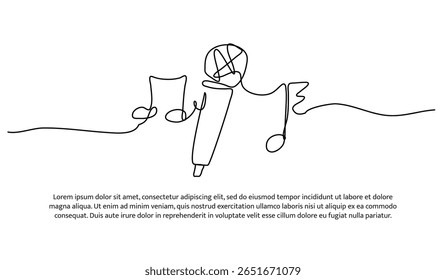 Uma linha de música e microfone. Linha contínua mínima abstrata.