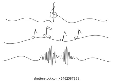 One line musical notes, clef and sound wave. Outline continuous vector sketch. Symbol of music and song.