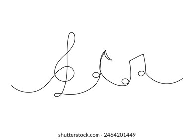 One line musical notes and Treble clef. Outline continuous vector sketch. Symbol of classic concert.