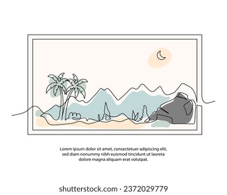 One line nature hill view poster drawing with a beautiful frame. Abstract minimal continuous line wall decor.