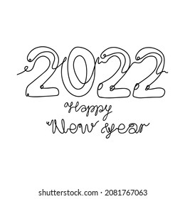 Un año de línea 2022 con texto Feliz Año Nuevo. Ilustración vectorial aislada en blanco. Diseño para tarjeta, postal, web, móvil, afiche