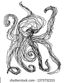 One line octopus, doodle vector illustration