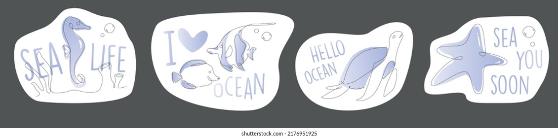 One line octopus illustration. Sea life line art vector. Cute fish outline