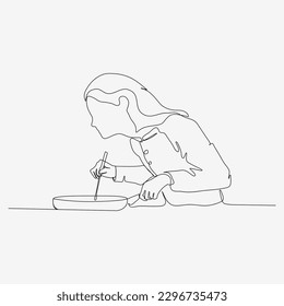 One line onwards from the mother sniffing the cooking smells. Cute cooking art character. Minimalist style vector illustration on white background.