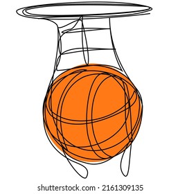 One Line Orange Basketball Ball In The Ring On A White Background. Abstract Illustration Of Hitting The Target In Sports.