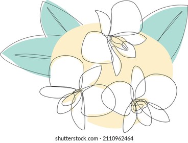 One line orchid flowers vector illustration with abstract pastel colored background shapes.