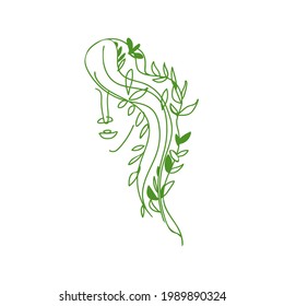 One line outline doodle symbol of woman face with leaves in hair isolated on white. Concept of spring or love and friendship between human and flora. 