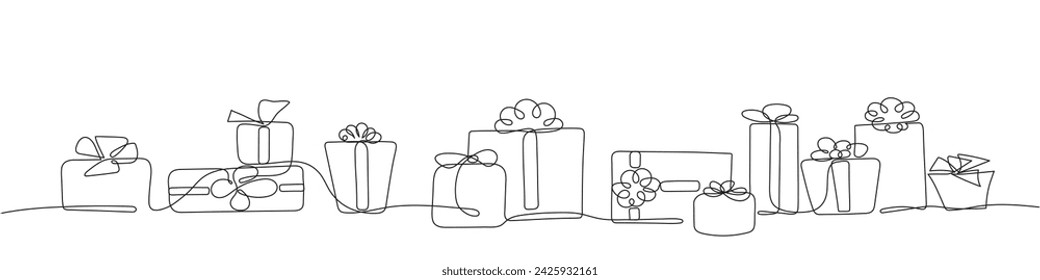 One line outline of gift boxes in vector isolated set