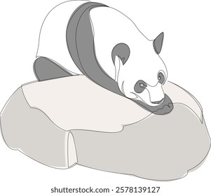 One line panda bear resting on a rock design silhouette. Hand drawn minimalism style vector illustration.