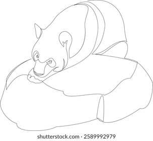 One line panda bear resting on a rock design silhouette. Hand drawn minimalism style vector illustration.