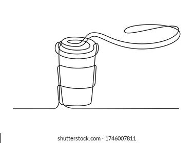 Сontinuous One Line Paper Cup Of Coffee. Coffee To Go Theme, Simple Sketch Hand Drawing Linear Icon, Cup Of Coffee With Steam Made Of One Line. Vector Illustration