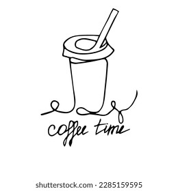 Papel de una línea Taza de café aislado sobre fondo blanco con inscripción. Pintura de línea simple negro contorno mug con bebida caliente. 