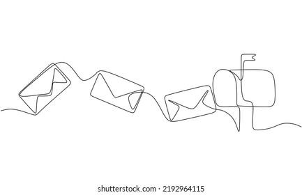 Sobre de papel de una línea. Arte continuo monocromo blanco y negro en una sola línea. Mensaje de correo electrónico carta carta enviar dibujo de ilustración