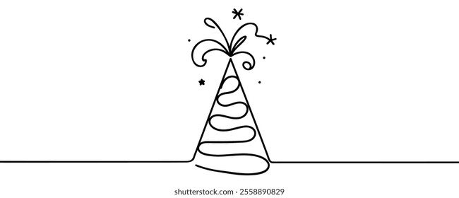 One line party or birthday hat. Happy Birthday, Vector continuous outline isolated illustration for birthday