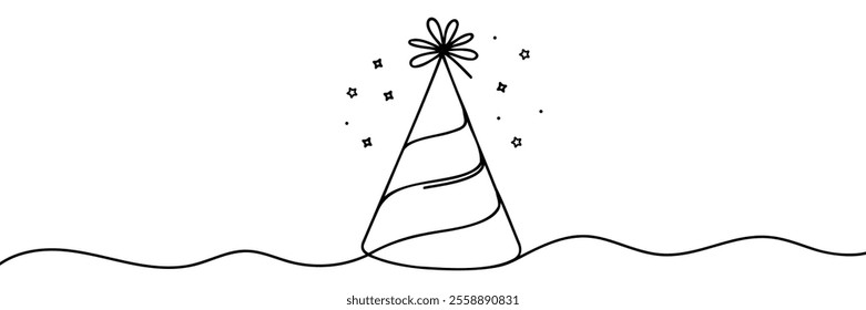 One line party or birthday hat. Happy Birthday, Vector continuous outline isolated illustration for birthday