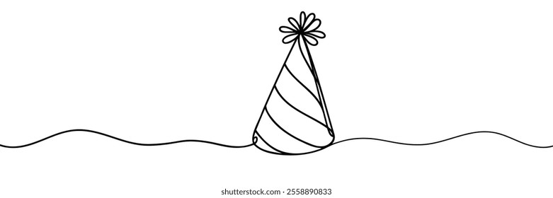 One line party or birthday hat. Happy Birthday, Vector continuous outline isolated illustration for birthday